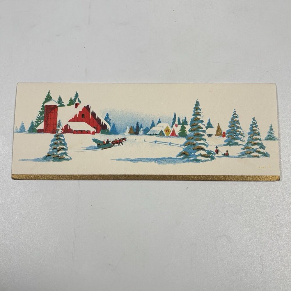 Vintage Christmas Card Long Farm Winter Sleigh Ride Snowy Trees Junk Journal Art